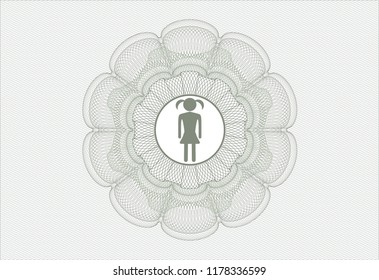 Green money style emblem or rosette with girl icon inside
