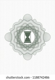 Green money style emblem or rosette with hourglass icon inside