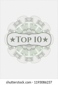Green money style emblem or rosette with text Top 10 inside