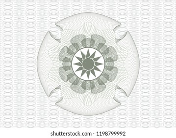 Green money style emblem or rosette with sun icon inside