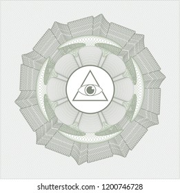 Green money style emblem or rosette with illuminati pyramid icon inside
