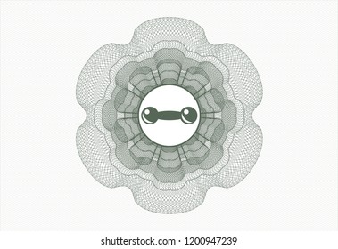 Green money style emblem or rosette with dumbbell icon inside