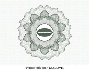 Green money style emblem or rosette with hot dog icon inside