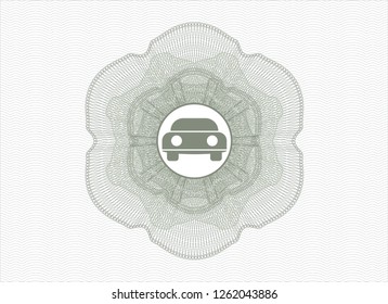 Green money style emblem or rosette with car seen from front icon inside