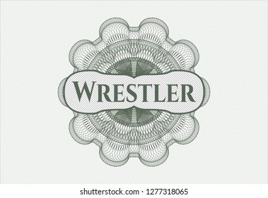Green money style emblem or rosette with text Wrestler inside