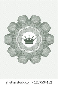 Green money style emblem or rosette with queen crown icon inside