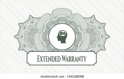 Green money style emblem or rosette with head with gears inside icon and Extended Warranty text inside