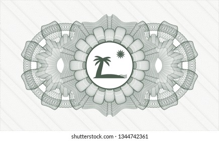 Green money style emblem or rosette with beach icon inside