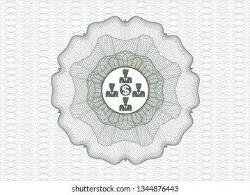 Green money style emblem or rosette with business teamwork and money icon inside