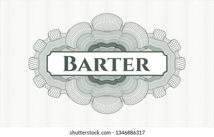 Green money style emblem or rosette with text Barter inside