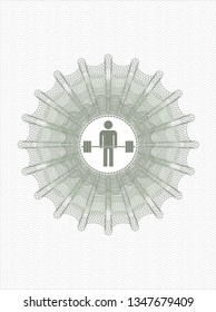 Green money style emblem or rosette with deadlift icon inside