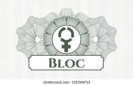 Green money style emblem or rosette with women cycle icon and Bloc text inside