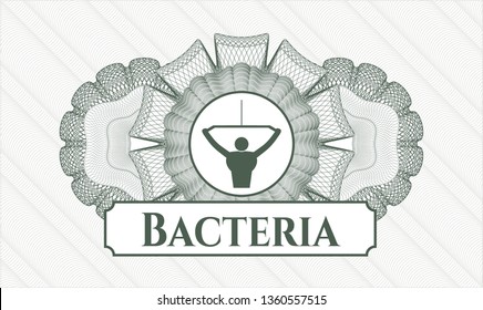 Green money style emblem or rosette with lat pull down, exercise icon and Bacteria text inside