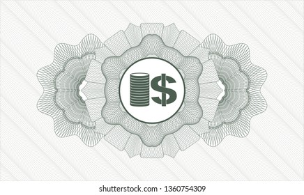 Green money style emblem or rosette with stack of coins icon inside