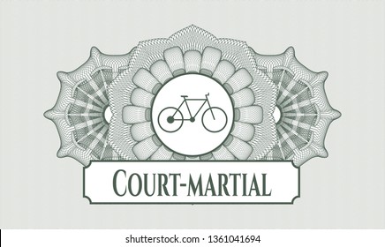 Green money style emblem or rosette with bike icon and Court-martial text inside