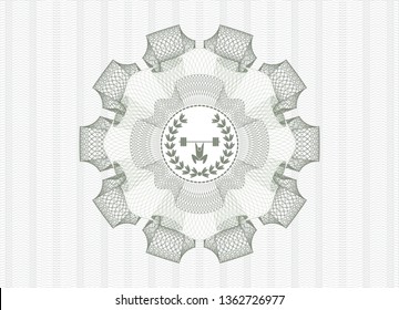Green money style emblem or rosette with weightlifting inside of crown icon inside