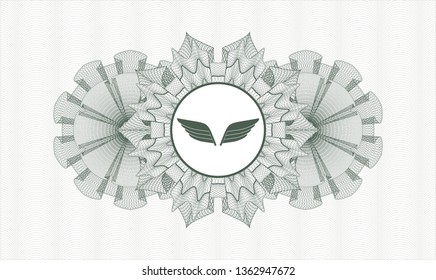 Green money style emblem or rosette with wings icon inside