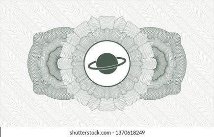 Green money style emblem or rosette with planet, saturn icon inside