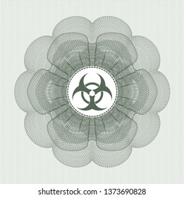 Green money style emblem or rosette with biohazard icon inside