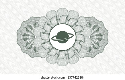 Green money style emblem or rosette with planet, saturn icon inside