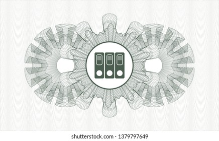 Green money style emblem or rosette with three folders icon inside