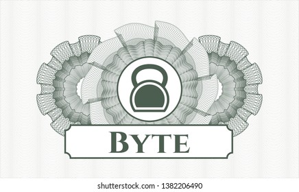 Green money style emblem or rosette with kettlebell icon and Byte text inside
