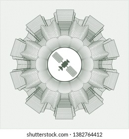 Green money style emblem or rosette with satelite icon inside