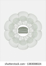Green money style emblem or rosette with cheeseburger icon inside