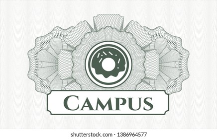 Green money style emblem or rosette with donut icon and Campus text inside