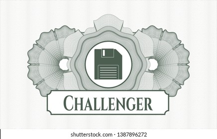 Green money style emblem or rosette with diskette icon and Challenger text inside