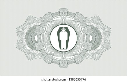 Green money style emblem or rosette with dead man in his coffin icon inside