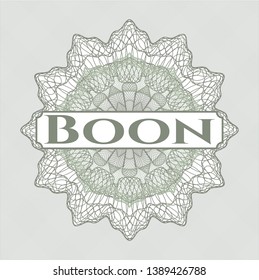 Green money style emblem or rosette with text Boon inside