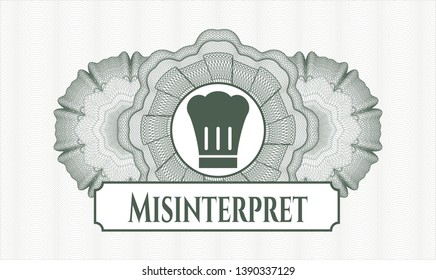 Green money style emblem or rosette with chef hat icon and Misinterpret text inside