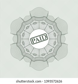 Green money style emblem or rosette with paid icon inside