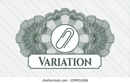 Green money style emblem or rosette with paper clip icon and Variation text inside