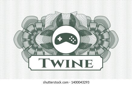 Green money style emblem or rosette with video game icon and Twine text inside