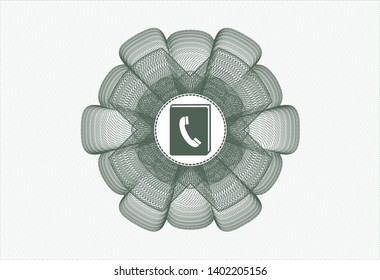 Green money style emblem or rosette with phonebook icon inside