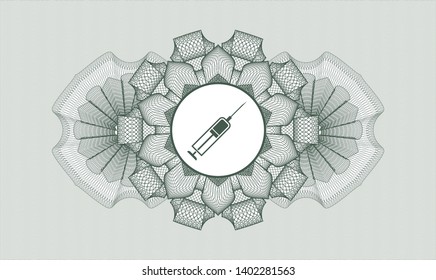 Green money style emblem or rosette with syringe icon inside