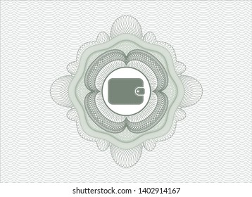 Green money style emblem or rosette with wallet icon inside