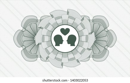 Green money style emblem or rosette with couple in love icon inside