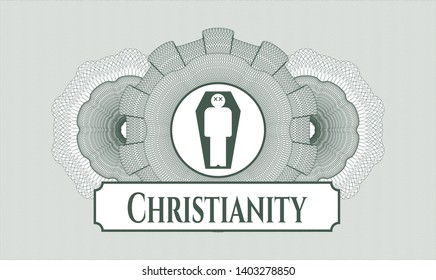 Green money style emblem or rosette with dead man in his coffin icon and Christianity text inside