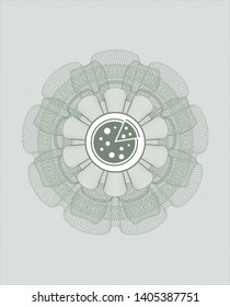 Green money style emblem or rosette with pizza icon inside