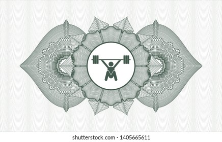 Green money style emblem or rosette with snatch, weightlifting icon inside