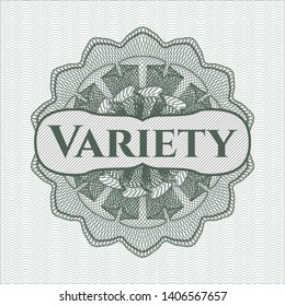 Green money style emblem or rosette with text Variety inside