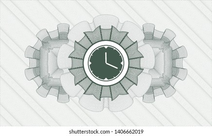 Green money style emblem or rosette with clock, time icon inside