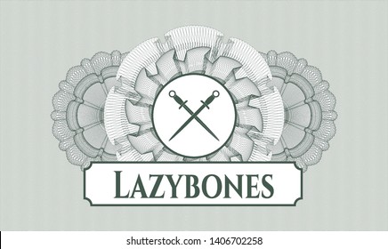 Green money style emblem or rosette with crossed swords icon and Lazybones text inside