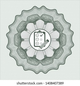 Green money style emblem or rosette with customer feedback icon inside