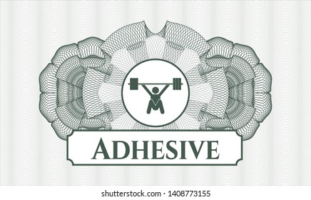Green money style emblem or rosette with snatch, weightlifting icon and Adhesive text inside