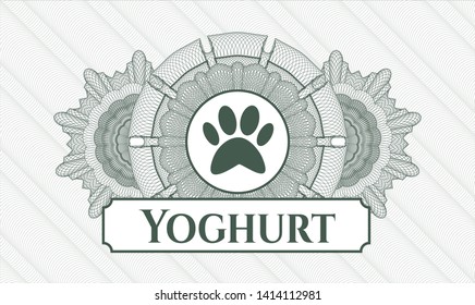 Green money style emblem or rosette with paw icon and Yoghurt text inside