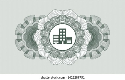 Green money style emblem or rosette with buildings icon inside